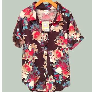 LuLaRoe Randy Top Womens Medium Brown Floral‎ Button Down Short Sleeve Shirt NWT